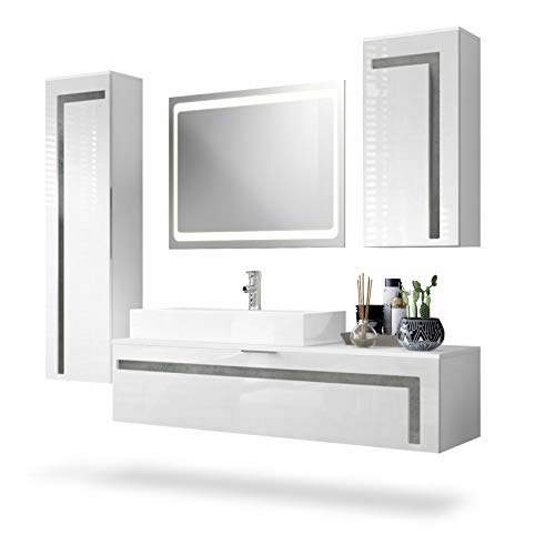 Vladon, Vladon Bathroom Furniture Set Storage Cabinet Aloha, Carcass in White matt/Fronts in White High Gloss and Offsets in Concrete Dark Grey