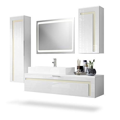 Vladon, Vladon Bathroom Furniture Set Storage Cabinet Aloha, Carcass in White matt/Fronts in White High Gloss and Offsets in Cream High Gloss
