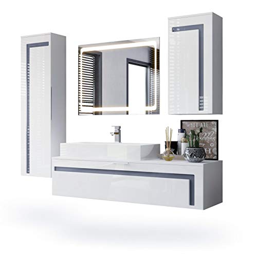 Vladon, Vladon Bathroom Furniture Set Storage Cabinet Aloha, Carcass in White matt/Fronts in White High Gloss and Offsets in Grey High Gloss