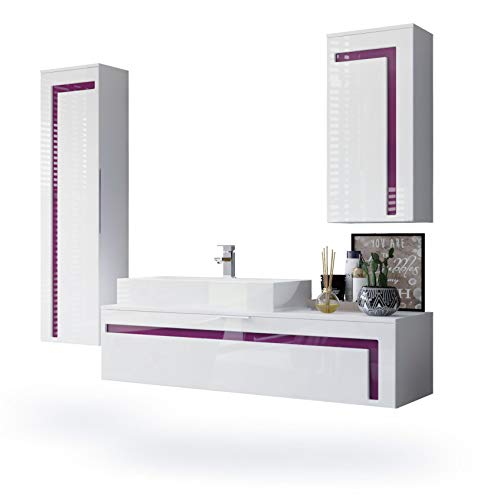 Vladon, Vladon Bathroom Furniture Set Storage Cabinet Aloha, Carcass in White matt/Fronts in White High Gloss and Offsets in Raspberry High Gloss