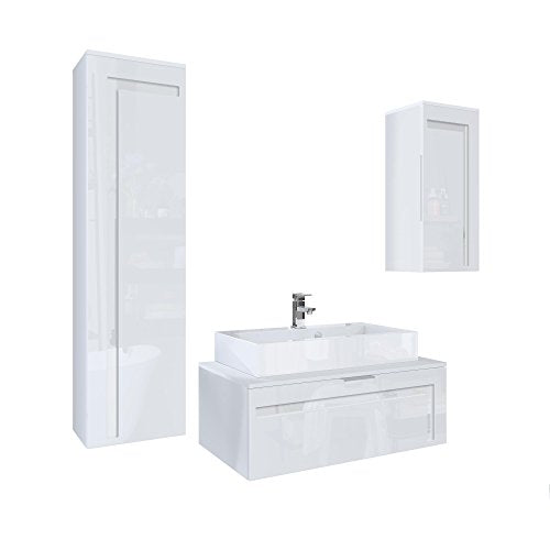 Vladon, Vladon Bathroom Furniture Set Storage Cabinet Aloha V2, Carcass in White matt/Fronts in White High Gloss and Offsets in White High Gloss