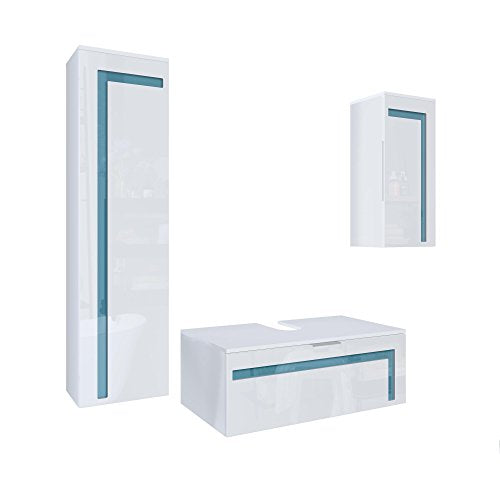 Vladon, Vladon Bathroom Furniture Set Storage Cabinet Aloha V2, Carcass in White matt/Fronts in White High Gloss with Offsets in Teal High Gloss