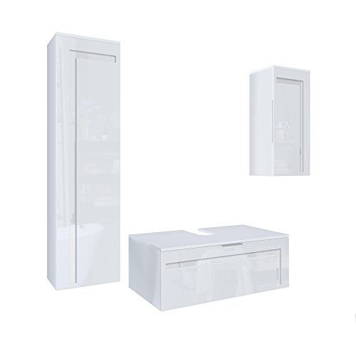 Vladon, Vladon Bathroom Furniture Set Storage Cabinet Aloha V2, Carcass in White matt/Fronts in White High Gloss with Offsets in White High Gloss