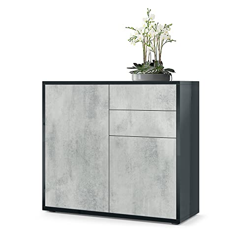 Vladon, Vladon Cabinet Chest of Drawers Ben, Carcass in Black High Gloss/Front in Concrete Grey Oxid