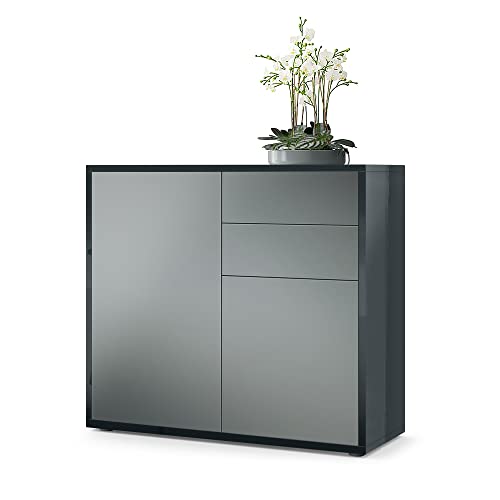 Vladon, Vladon Cabinet Chest of Drawers Ben, Carcass in Black High Gloss/Front in Graphite satin-finished
