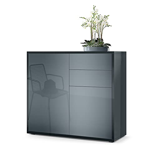 Vladon, Vladon Cabinet Chest of Drawers Ben, Carcass in Black High Gloss/Front in Grey High Gloss