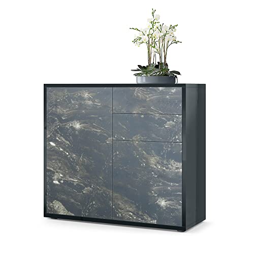 Vladon, Vladon Cabinet Chest of Drawers Ben, Carcass in Black High Gloss/Front in Marble Graphite