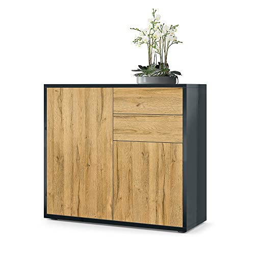 Vladon, Vladon Cabinet Chest of Drawers Ben, Carcass in Black High Gloss/Front in Oak Nature