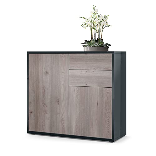 Vladon, Vladon Cabinet Chest of Drawers Ben, Carcass in Black High Gloss/Front in Oak Nordic