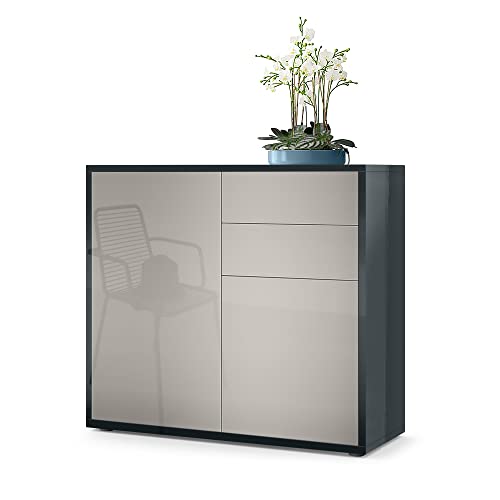 Vladon, Vladon Cabinet Chest of Drawers Ben, Carcass in Black High Gloss/Front in Sandgrey High Gloss