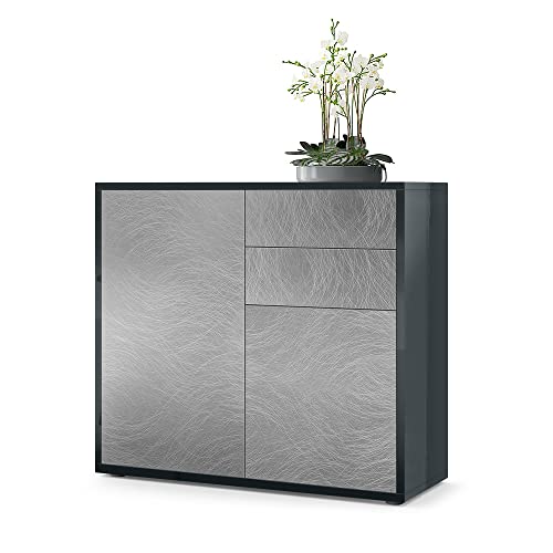 Vladon, Vladon Cabinet Chest of Drawers Ben, Carcass in Black High Gloss/Front in Scratchy metal