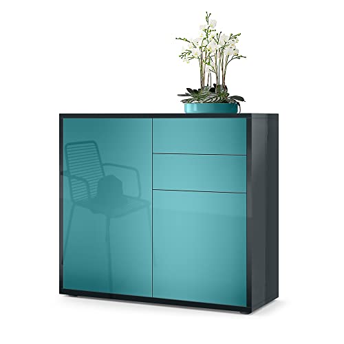 Vladon, Vladon Cabinet Chest of Drawers Ben, Carcass in Black High Gloss/Front in Teal High Gloss