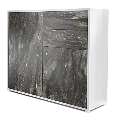 Vladon, Vladon Cabinet Chest of Drawers Ben, Carcass in White High Gloss/Front in Marble Graphite