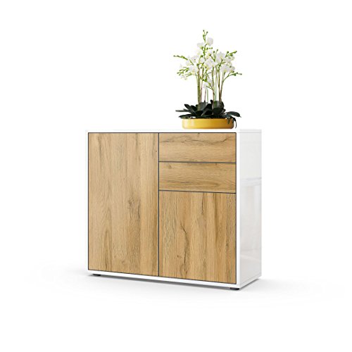 Vladon, Vladon Cabinet Chest of Drawers Ben, Carcass in White High Gloss/Front in Oak Nature