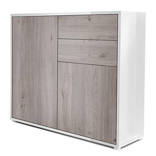 Vladon, Vladon Cabinet Chest of Drawers Ben, Carcass in White High Gloss/Front in Oak Nordic