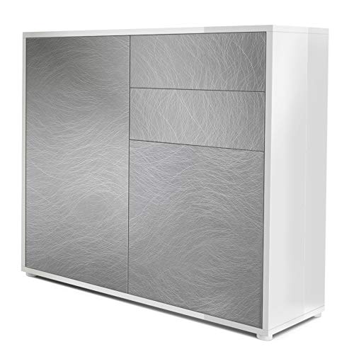 Vladon, Vladon Cabinet Chest of Drawers Ben, Carcass in White High Gloss/Front in Scratchy metal