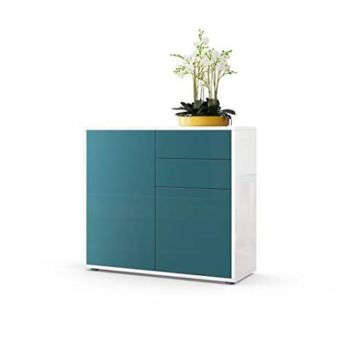 Vladon, Vladon Cabinet Chest of Drawers Ben, Carcass in White High Gloss/Front in Teal High Gloss