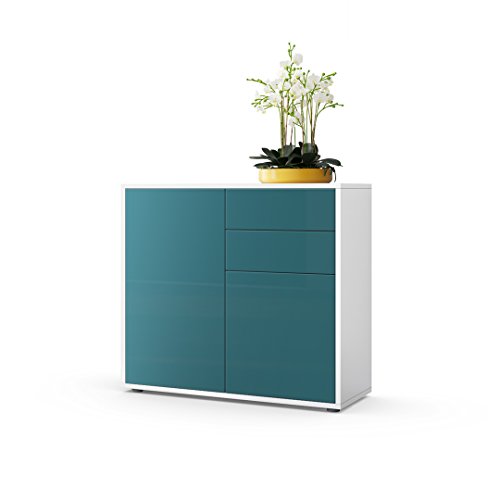 Vladon, Vladon Cabinet Chest of Drawers Ben, Carcass in White matt/Front in Teal High Gloss