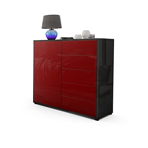 Vladon, Vladon Cabinet Chest of Drawers Ben V2, Carcass in Black High Gloss/Front in Bordeaux High Gloss