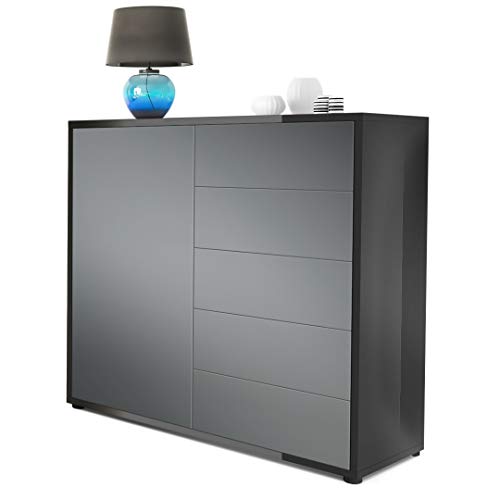 Vladon, Vladon Cabinet Chest of Drawers Ben V2, Carcass in Black High Gloss/Front in Graphite satin-finished