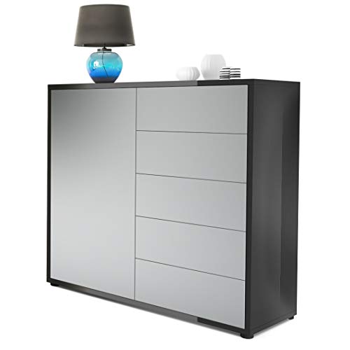 Vladon, Vladon Cabinet Chest of Drawers Ben V2, Carcass in Black High Gloss/Front in Light Grey satin-finished