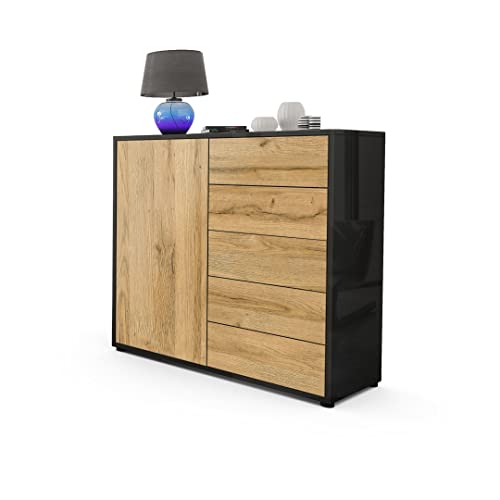 Vladon, Vladon Cabinet Chest of Drawers Ben V2, Carcass in Black High Gloss/Front in Oak Nature