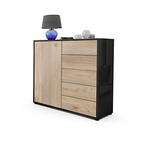 Vladon, Vladon Cabinet Chest of Drawers Ben V2, Carcass in Black High Gloss/Front in Oak Nordic