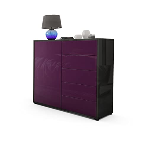 Vladon, Vladon Cabinet Chest of Drawers Ben V2, Carcass in Black High Gloss/Front in Raspberry High Gloss