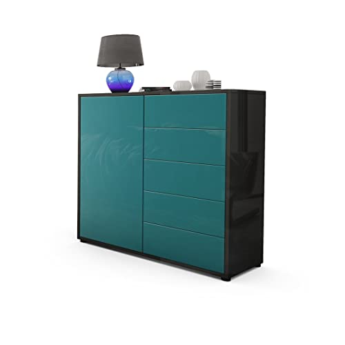 Vladon, Vladon Cabinet Chest of Drawers Ben V2, Carcass in Black High Gloss/Front in Teal High Gloss