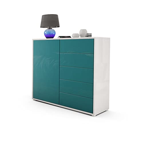 Vladon, Vladon Cabinet Chest of Drawers Ben V2, Carcass in White High Gloss/Front in Teal High Gloss