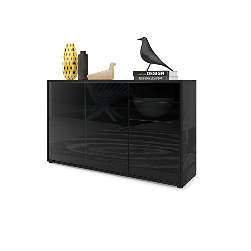 Vladon, Vladon Cabinet Chest of Drawers Ben V3, Carcass in Black High Gloss/Front in Black High Gloss
