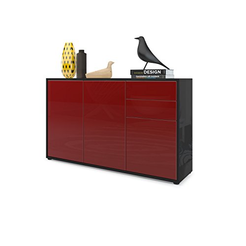 Vladon, Vladon Cabinet Chest of Drawers Ben V3, Carcass in Black High Gloss/Front in Bordeaux High Gloss
