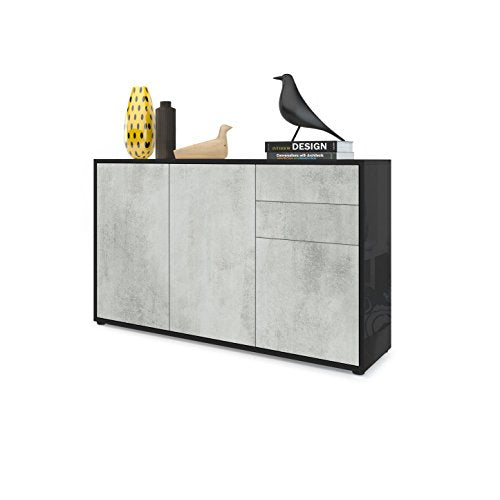 Vladon, Vladon Cabinet Chest of Drawers Ben V3, Carcass in Black High Gloss/Front in Concrete Grey Oxid