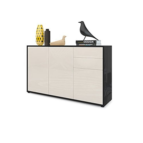 Vladon, Vladon Cabinet Chest of Drawers Ben V3, Carcass in Black High Gloss/Front in Cream High Gloss