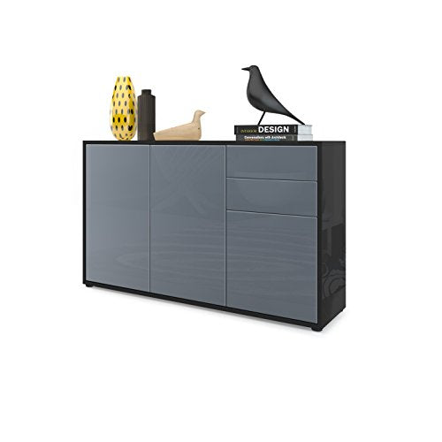 Vladon, Vladon Cabinet Chest of Drawers Ben V3, Carcass in Black High Gloss/Front in Grey High Gloss