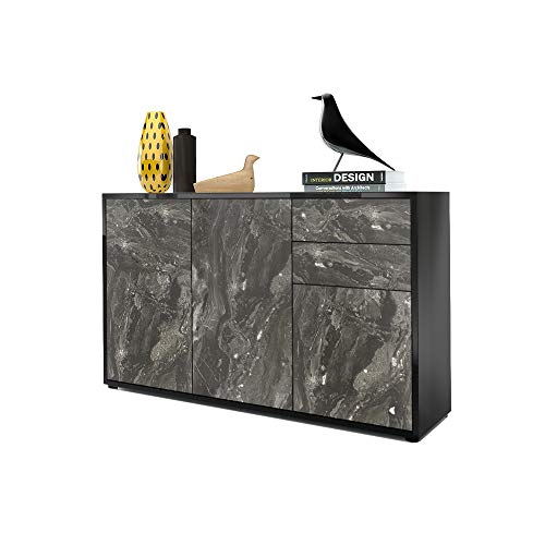 Vladon, Vladon Cabinet Chest of Drawers Ben V3, Carcass in Black High Gloss/Front in Marble Graphite