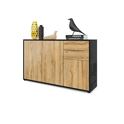 Vladon, Vladon Cabinet Chest of Drawers Ben V3, Carcass in Black High Gloss/Front in Oak Nature