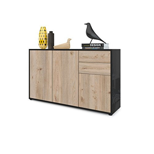 Vladon, Vladon Cabinet Chest of Drawers Ben V3, Carcass in Black High Gloss/Front in Oak Nordic