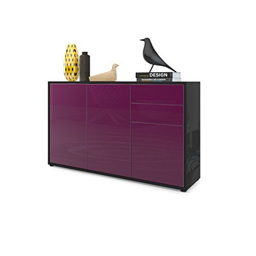 Vladon, Vladon Cabinet Chest of Drawers Ben V3, Carcass in Black High Gloss/Front in Raspberry High Gloss