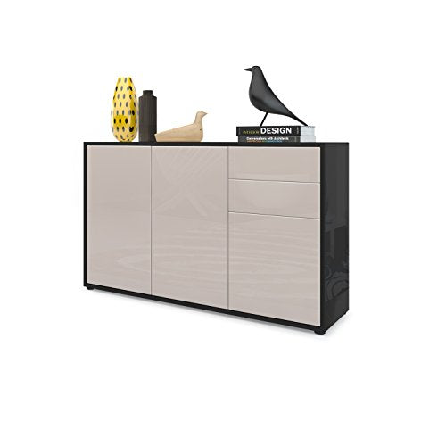 Vladon, Vladon Cabinet Chest of Drawers Ben V3, Carcass in Black High Gloss/Front in Sand grey High Gloss