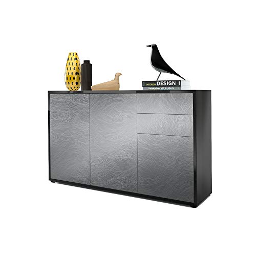 Vladon, Vladon Cabinet Chest of Drawers Ben V3, Carcass in Black High Gloss/Front in Scratchy metal
