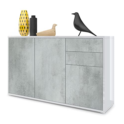 Vladon, Vladon Cabinet Chest of Drawers Ben V3, Carcass in White High Gloss/Front in Concrete Grey Oxid