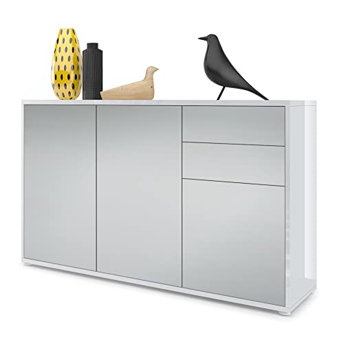 Vladon, Vladon Cabinet Chest of Drawers Ben V3, Carcass in White High Gloss/Front in Light Grey satin-finished
