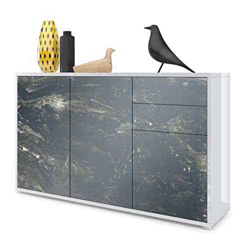 Vladon, Vladon Cabinet Chest of Drawers Ben V3, Carcass in White High Gloss/Front in Marble Graphite