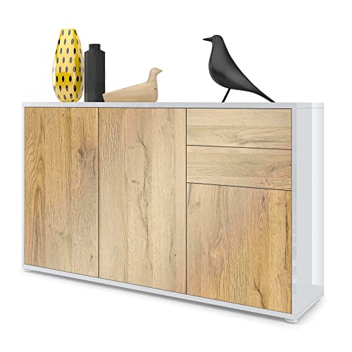 Vladon, Vladon Cabinet Chest of Drawers Ben V3, Carcass in White High Gloss/Front in Oak Nature