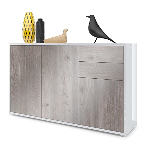 Vladon, Vladon Cabinet Chest of Drawers Ben V3, Carcass in White High Gloss/Front in Oak Nordic