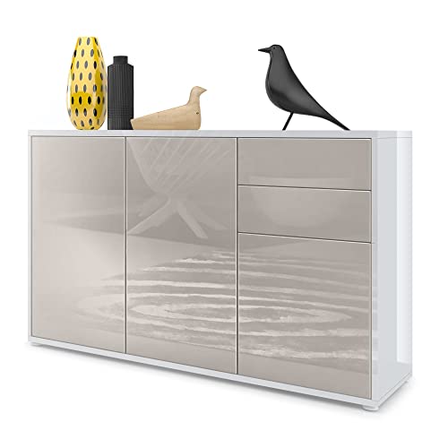 Vladon, Vladon Cabinet Chest of Drawers Ben V3, Carcass in White High Gloss/Front in Sand grey High Gloss