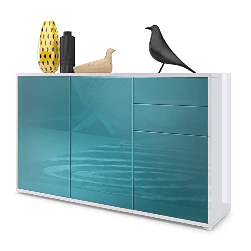 Vladon, Vladon Cabinet Chest of Drawers Ben V3, Carcass in White High Gloss/Front in Teal High Gloss