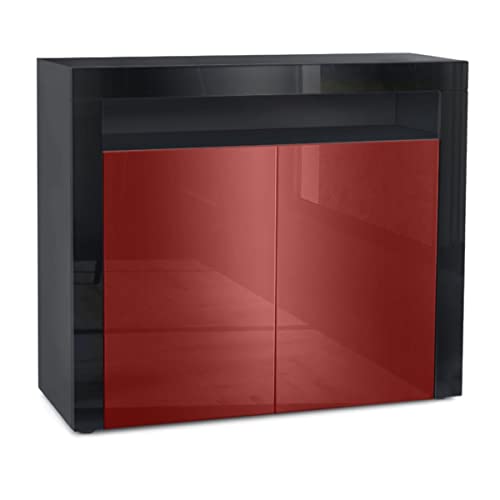 Vladon, Vladon Cabinet Chest of Drawers Valencia, Carcass in Black matt/Front in Bordeaux High Gloss with a frame in Black High Gloss