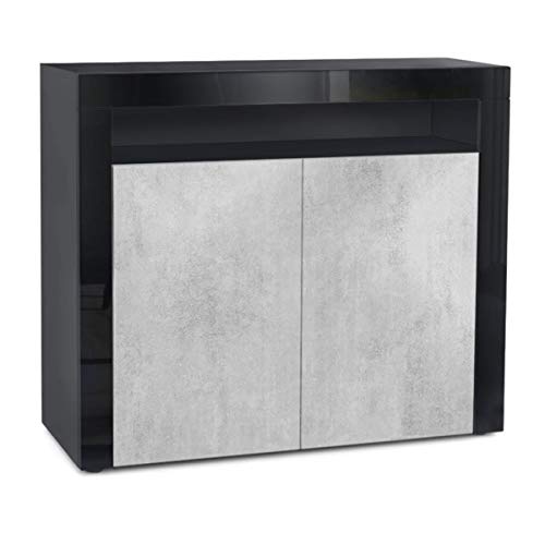 Vladon, Vladon Cabinet Chest of Drawers Valencia, Carcass in Black matt/Front in Concrete Grey Oxide with a frame in Black High Gloss